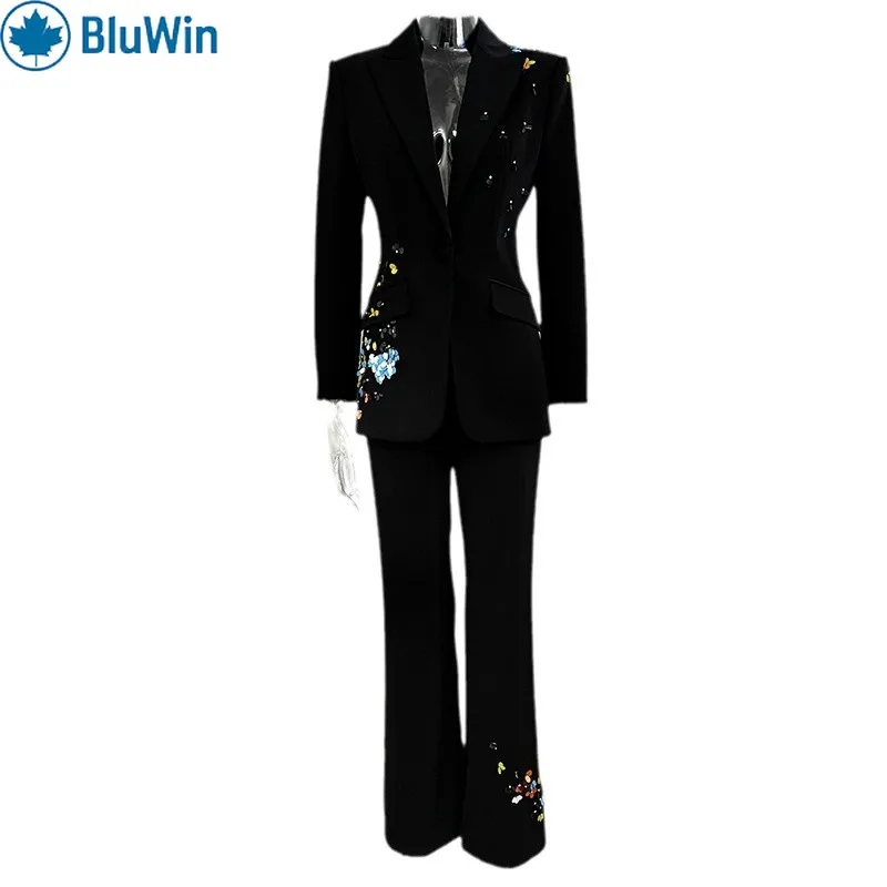 BluWin Embellished Blazer Pants Suit Women Tailored Two Piece Set Floral Sequin Bead Detail Black Office Party 
BluWin Embellished Blazer Pants Suit Women Tailored Two Piece Set Floral Sequin Bead Detail Black Office Party