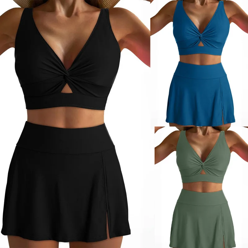 Новый однотонный купальник-бикини из двух частей с юбкой-брюками с высокой талией и эффектом сборки для женщин
Новый однотонный купальник-бикини из двух частей с юбкой-брюками с высокой талией и эффектом сборки для женщин