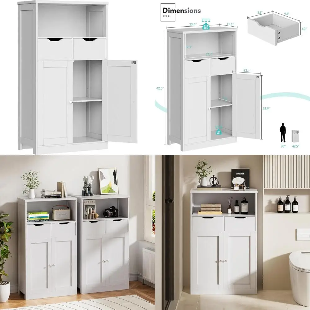 Wooden Floor Storage Cabinet with 2 Drawers and Adjustable Shelves for Pantry, Bathroom, Living Room, Kitchen, and Entryway in W
Wooden Floor Storage Cabinet with 2 Drawers and Adjustable Shelves for Pantry, Bathroom, Living Room, Kitchen, and Entryway in W