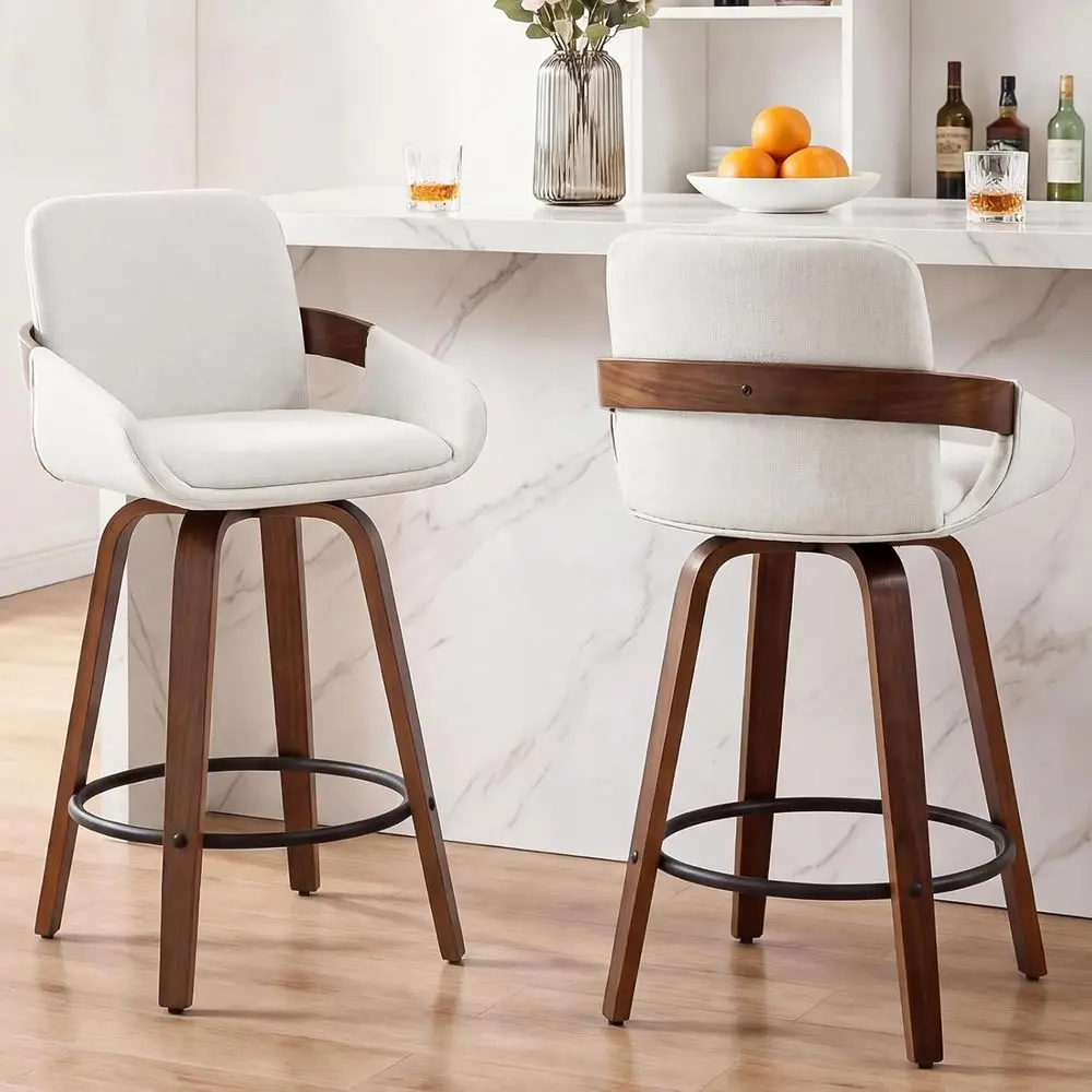 Set of 2 Swivel Walnut Counter Height Bar Stools with Back and Armrests, White Fabric, Supports 300 lbs
Set of 2 Swivel Walnut Counter Height Bar Stools with Back and Armrests, White Fabric, Supports 300 lbs