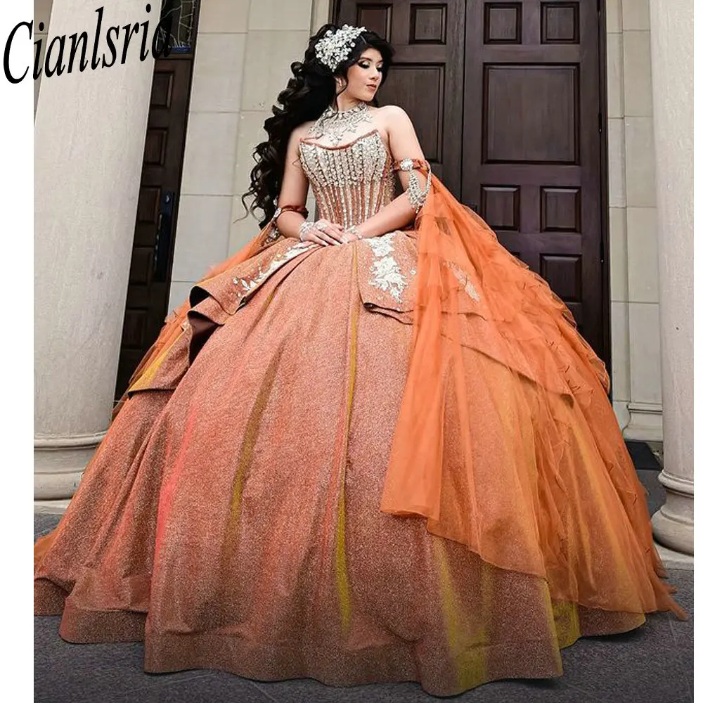 Orange Strapless Beading Crystal Quinceanera Dresses Ball Gown Appliques Lace Ruffles Customized Corset Vestidos De XV Anos
Orange Strapless Beading Crystal Quinceanera Dresses Ball Gown Appliques Lace Ruffles Customized Corset Vestidos De XV Anos