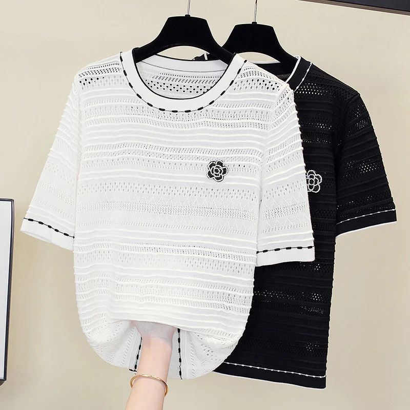 Summer New Short-sleeved Women O-neck Slim Cotton Blend Pullover Hollow Outt T-shirt Knitted Base Flower Casual Knit Sweater
Summer New Short-sleeved Women O-neck Slim Cotton Blend Pullover Hollow Outt T-shirt Knitted Base Flower Casual Knit Sweater