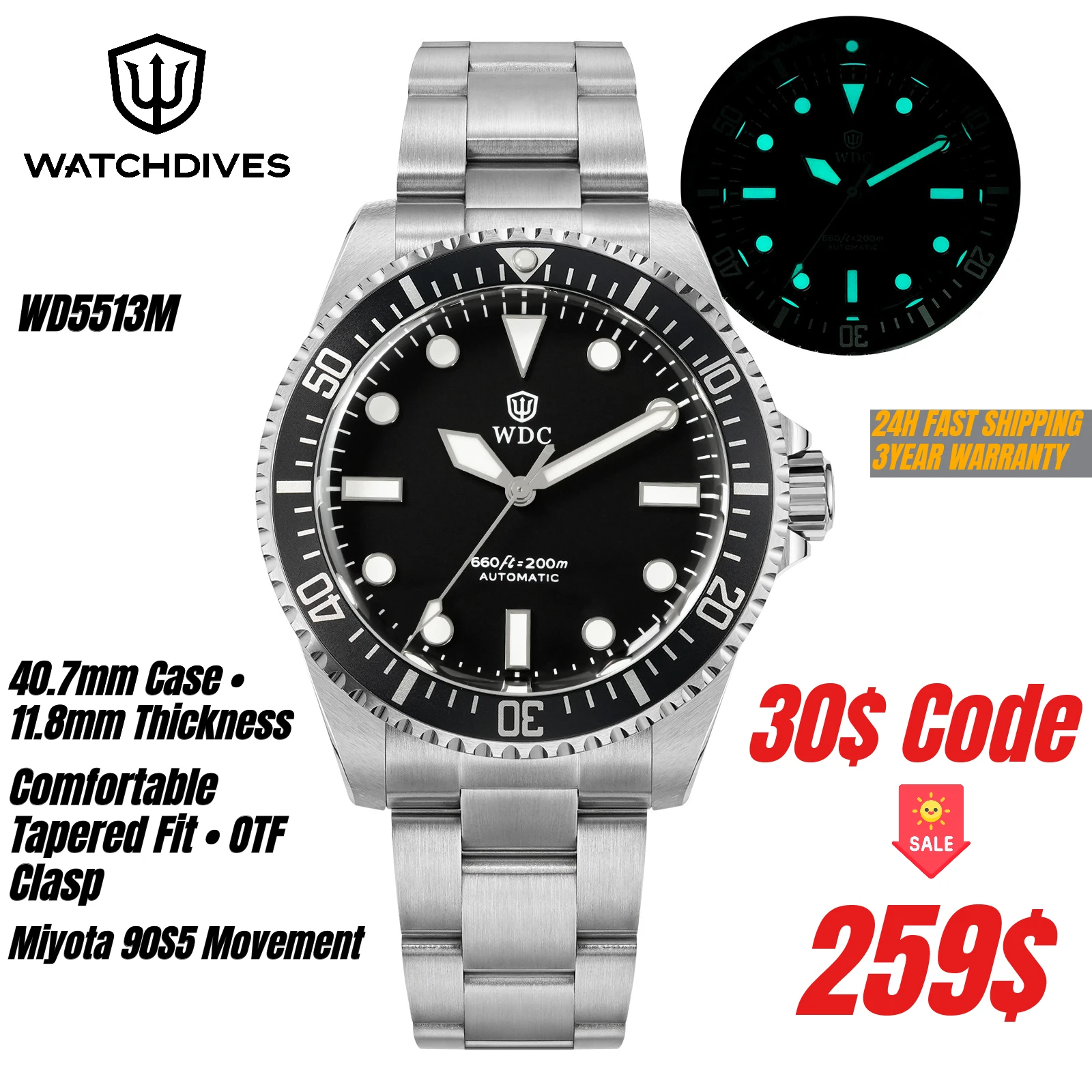 Watchdives WD5513M 40.7mm Dive Watch Miyota 90S5/9015 Automatic Sapphire 200M Waterproof BGW9 Lume Vintage Style
Watchdives WD5513M 40.7mm Dive Watch Miyota 90S5/9015 Automatic Sapphire 200M Waterproof BGW9 Lume Vintage Style