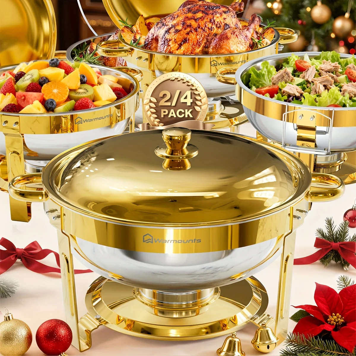 WARMOUNTS Golden Chafing Dish for Buffet Sets 5QT, 2/4pcs Food-Grade Stainless Steel, Golden Full-Plated Round Chafing Dishes buffet Set with Lid & Holder, Food Warmers for Parties, Buffet, Weddings, Catering Events, Only for Cooking
WARMOUNTS Golden Chafing Dish for Buffet Sets 5QT, 2/4pcs Food-Grade Stainless Steel, Golden Full-Plated Round Chafing Dishes buffet Set with Lid & Holder, Food Warmers for Parties, Buffet, Weddings, Catering Events, Only for Cooking