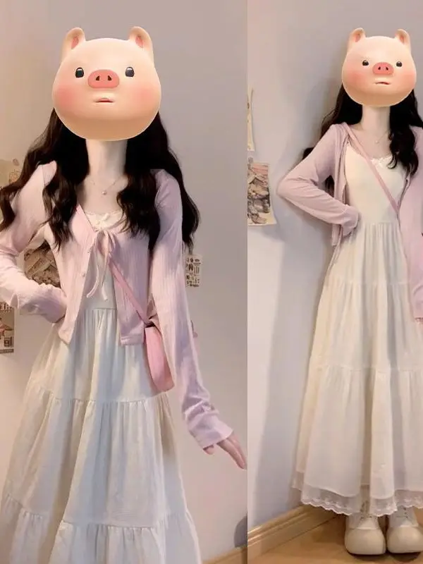 Sweet Korean Style Two-Piece Set Long Skirt And Open Cardigan Strap Dress Elegant Gentle Spring Autumn Fashion Women's Clothing
Sweet Korean Style Two-Piece Set Long Skirt And Open Cardigan Strap Dress Elegant Gentle Spring Autumn Fashion Women's Clothing