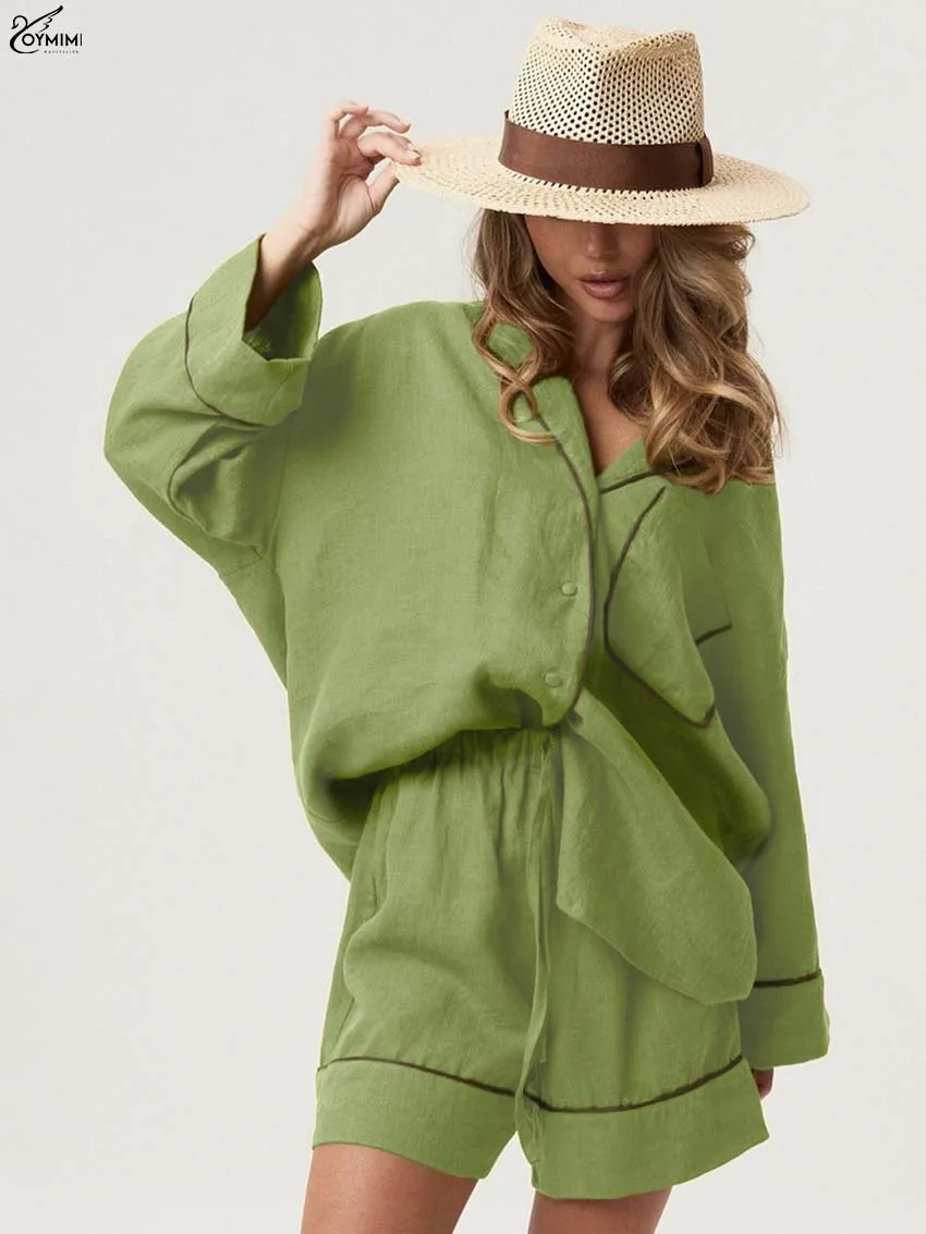 Oymimi Fashion Green Cotton Two Piece Set Woman Casual Lapel Long Sleeve Pockets Button Shirts And Drawstring Shorts Female Sets
Oymimi Fashion Green Cotton Two Piece Set Woman Casual Lapel Long Sleeve Pockets Button Shirts And Drawstring Shorts Female Sets