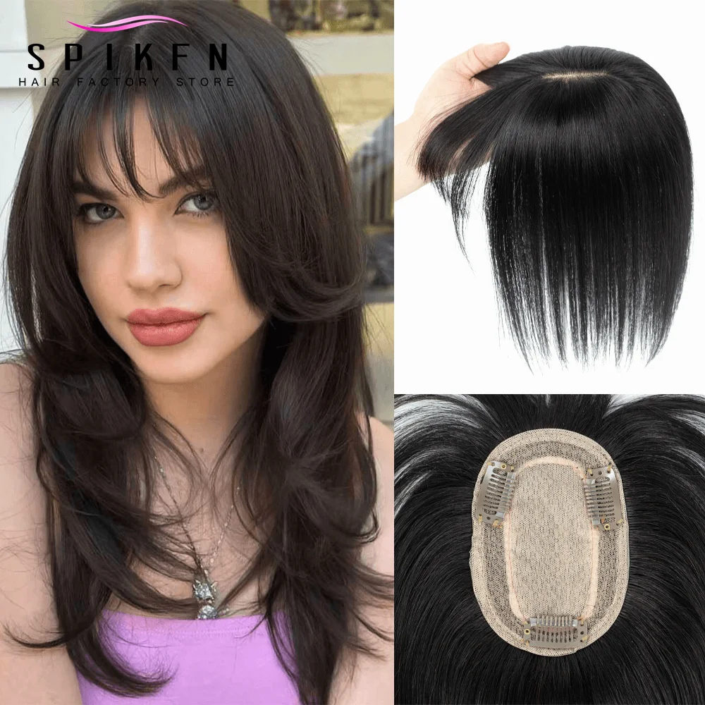 SPIKFN Topper Hair Piece with Bangs Real Hair Extensions Add Volume 8"-12" Black Hair Inject Hair Top Wig Clips In Human Hair