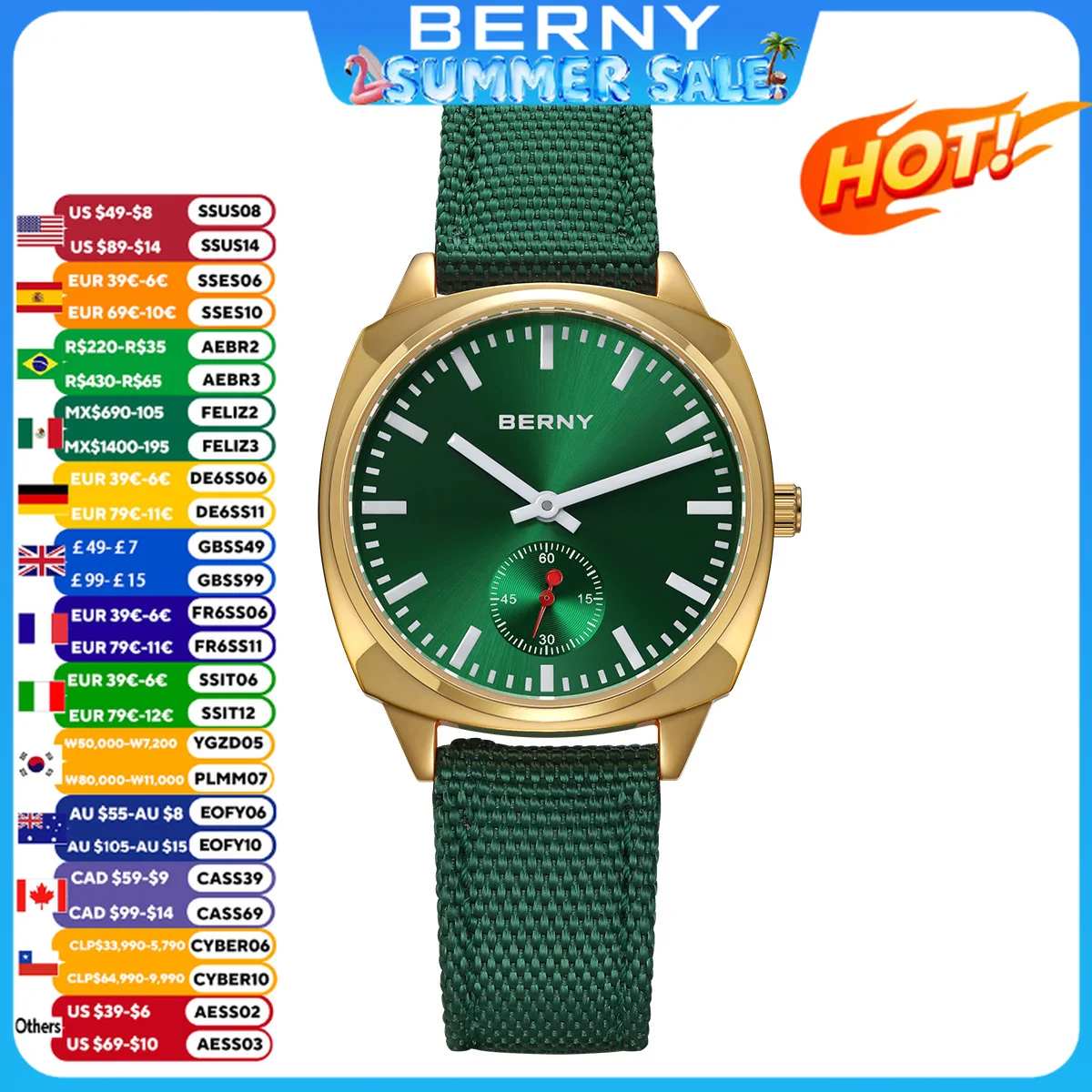 BERNY Gold Watch For Women Canvas Railway Watch Green Dial Ladies Wristwatch Quartz Pillow Watch Casual Fashion Ladies Watch
BERNY Gold Watch For Women Canvas Railway Watch Green Dial Ladies Wristwatch Quartz Pillow Watch Casual Fashion Ladies Watch