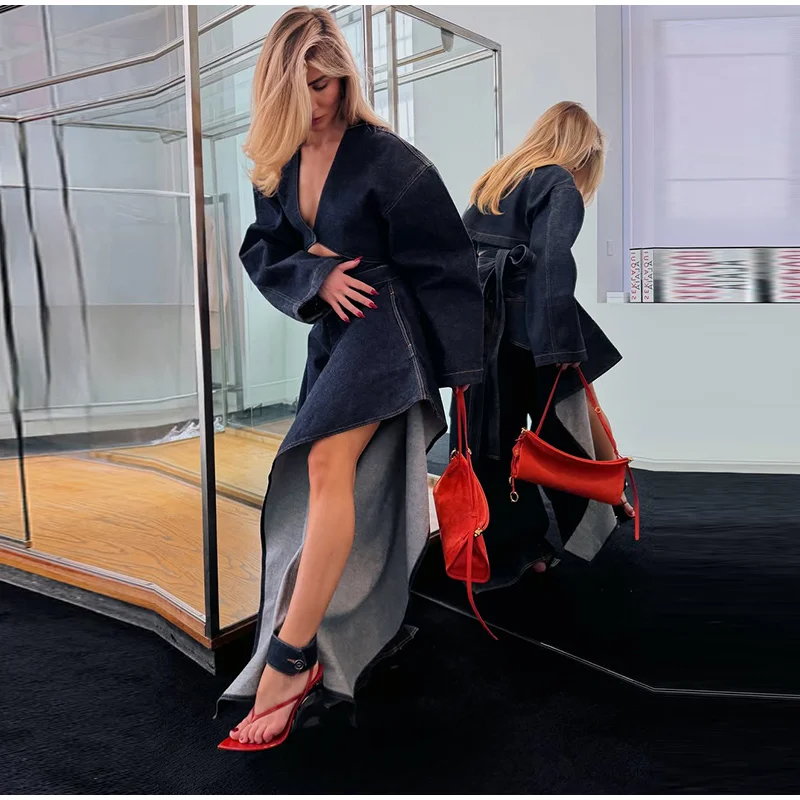 Fashion Denim Two-Piece Outfit Women's V-neck Lace Up Button Cropped Jacket Slit Wide Leg Pants 2026 New Lady Casual Streetwear 24 Sc8a587d22b554bdaabc6f026195582bfE