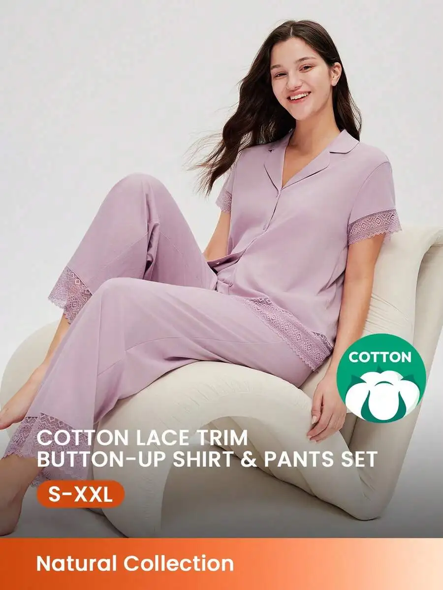 Cotton Lace Trim Button-Up Shirt And Pants Pajama Set For Women
Cotton Lace Trim Button-Up Shirt And Pants Pajama Set For Women