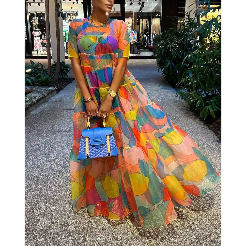 Women Fashion Fruit Print Short Sleeve Tulle Maxi Dress Female Round Neck Loose Party Long Dress Ruched Casual Elegant Vacation
Women Fashion Fruit Print Short Sleeve Tulle Maxi Dress Female Round Neck Loose Party Long Dress Ruched Casual Elegant Vacation