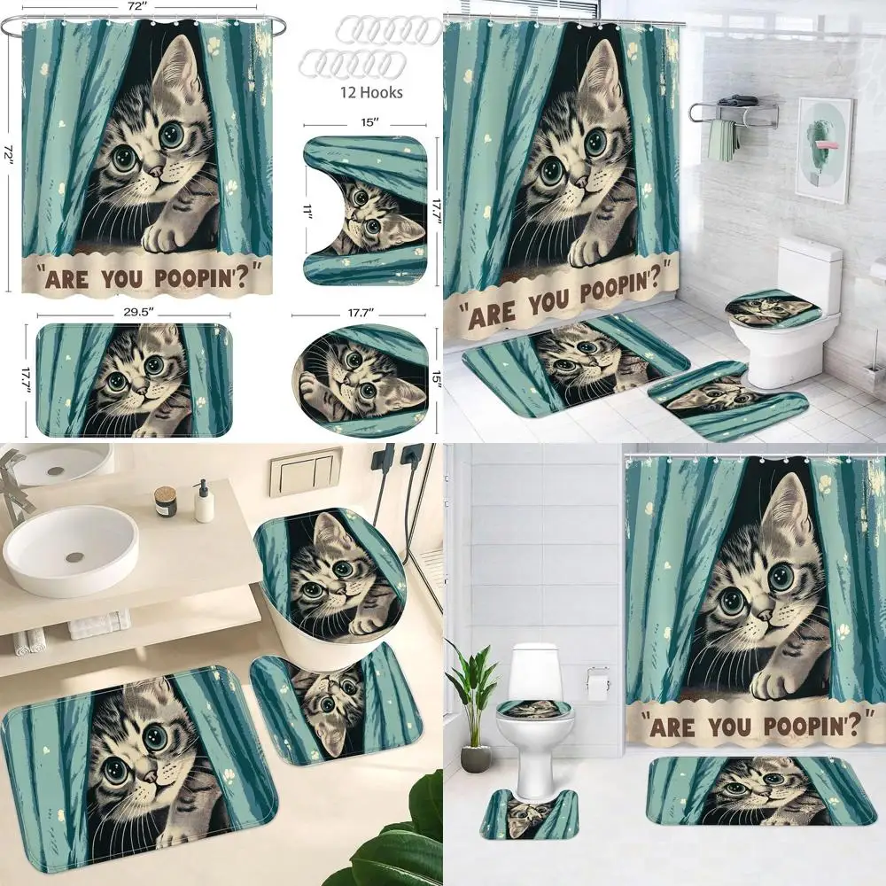 4 Piece Cat-Themed Shower Curtain Set: Humorous 'Are You Pooping' Design, 72 x 72, with 12 Hooks for Bathroom Decor
4 Piece Cat-Themed Shower Curtain Set: Humorous 'Are You Pooping' Design, 72 x 72, with 12 Hooks for Bathroom Decor