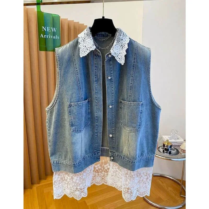 Polo-neck Waistcoats for Women 2026 Loose Single-breasted Casual Sleeveless Cardigans Lace Patchwork Denim Coats Women Tops
Polo-neck Waistcoats for Women 2026 Loose Single-breasted Casual Sleeveless Cardigans Lace Patchwork Denim Coats Women Tops