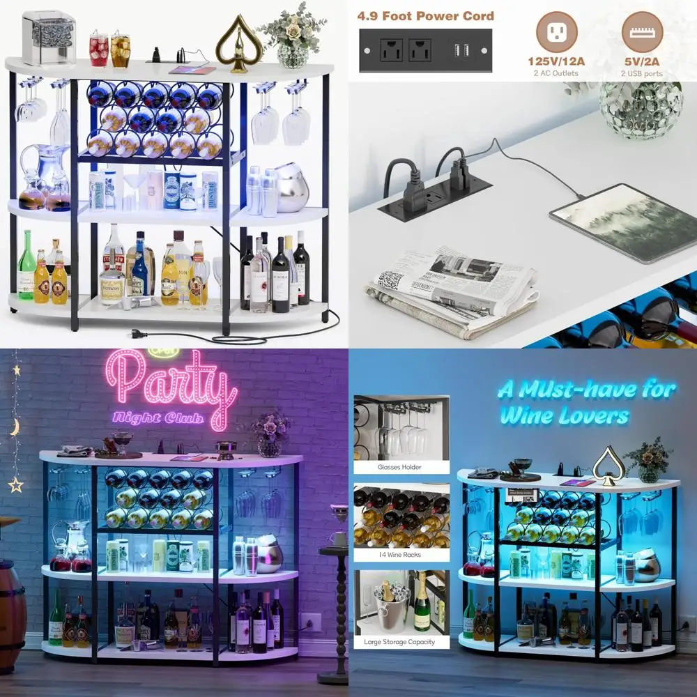 4-Tier Freestanding Wine Rack with Glass Holder, Liquor Bar Cabinet, LED Lights, and Outlet Storage for Bar Table
4-Tier Freestanding Wine Rack with Glass Holder, Liquor Bar Cabinet, LED Lights, and Outlet Storage for Bar Table