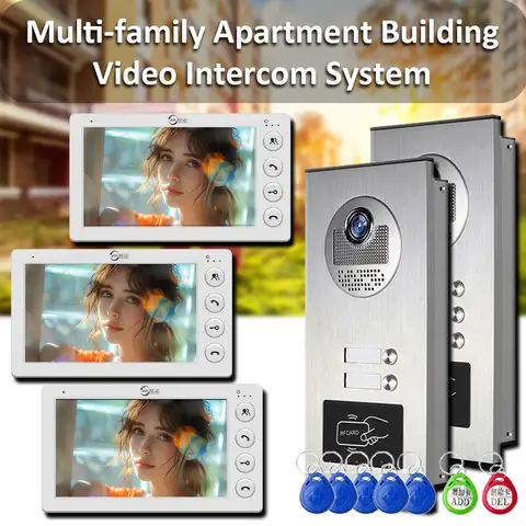 ANJIELO 2-3 Unit Multi Apartments Intercom System Video Doorbell with RFID Card Unlock 7inch 4-Corded Video Door Phone Interfone