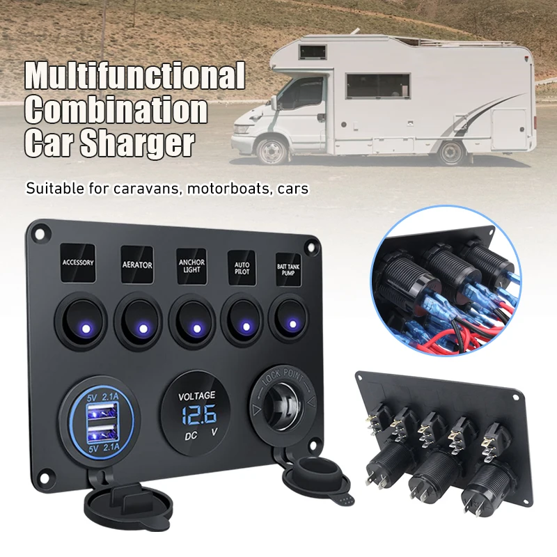 5 Gang 12V LED Switch Control Panel Marine Camper Van RV Waterproof Dual USB Charger Port Digital Voltmeter Marine LED Rocker
5 Gang 12V LED Switch Control Panel Marine Camper Van RV Waterproof Dual USB Charger Port Digital Voltmeter Marine LED Rocker