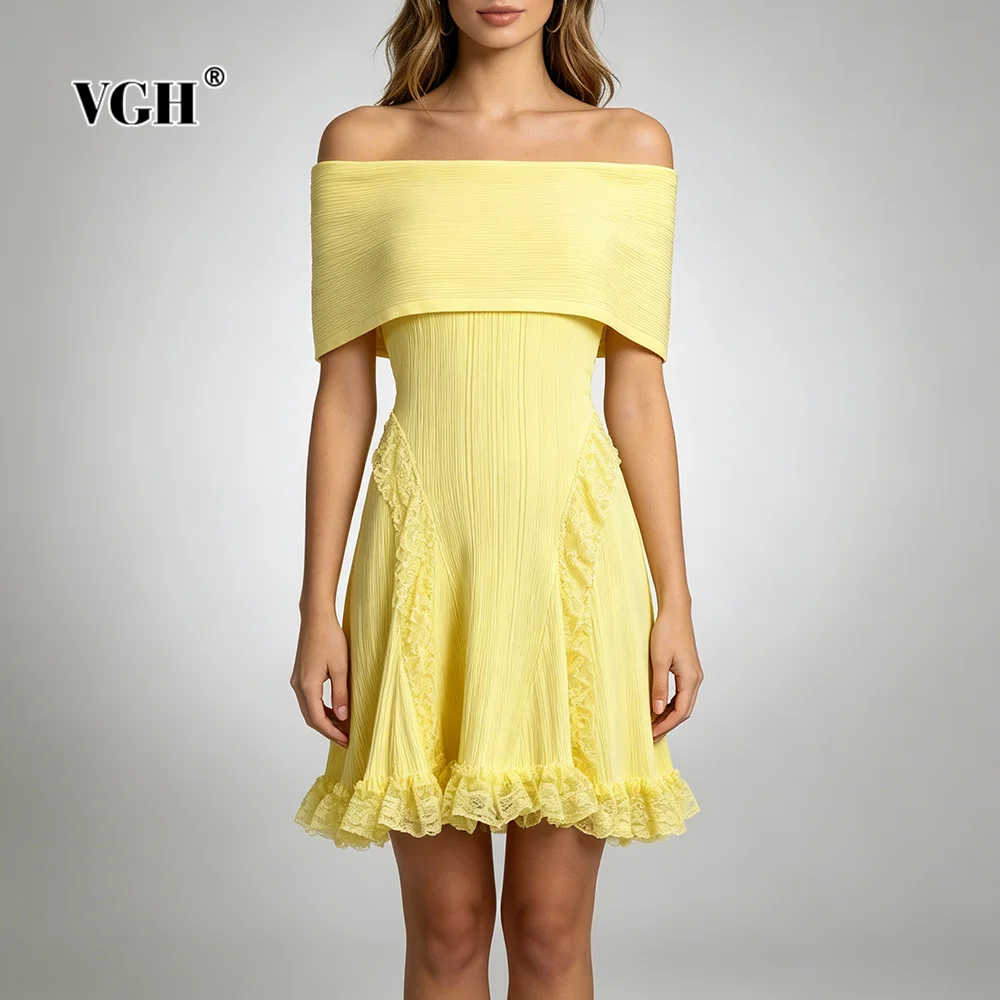VGH Pink Knit Off The Shoulder Mini Dresses for Women Short Sleeves Slimming Spliced Lace Ruffles Hem Skirt for Formal Dinner
VGH Pink Knit Off The Shoulder Mini Dresses for Women Short Sleeves Slimming Spliced Lace Ruffles Hem Skirt for Formal Dinner