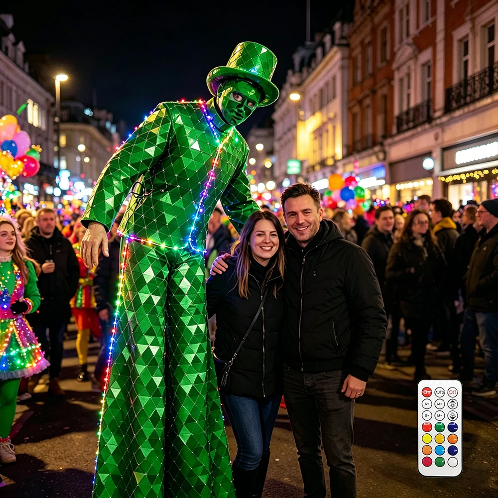 LED Stilt Walker Mirror Costume with Green Mask/Helmet Reflective Triangular Silver Suit for Stage Performance Festival Party
LED Stilt Walker Mirror Costume with Green Mask/Helmet Reflective Triangular Silver Suit for Stage Performance Festival Party