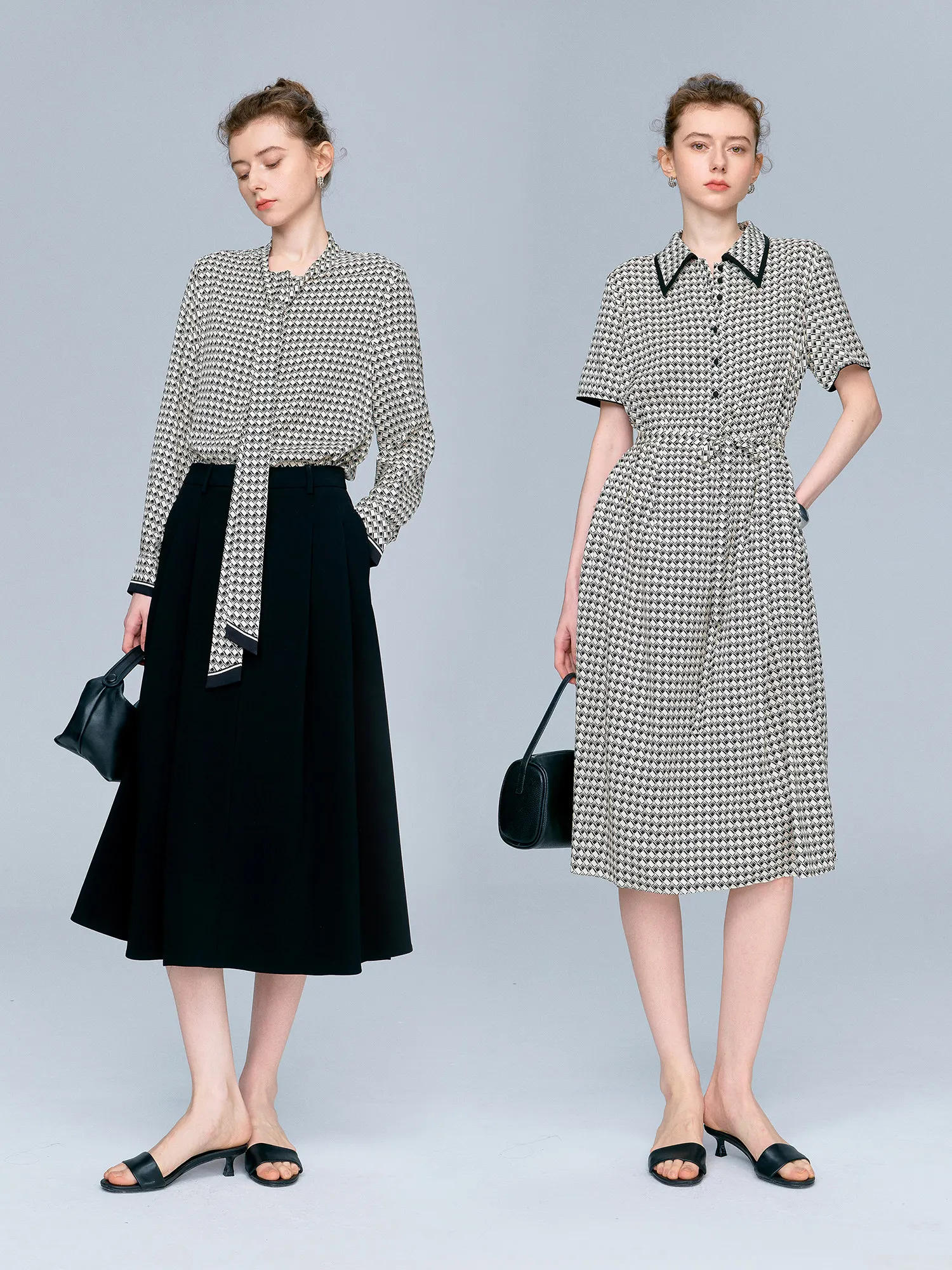 Elastic Silk Shirt Dress with Sash Black White Grid Elastic Slanting Texture Turn-down Collar Short Sleeve Women's Dress
Elastic Silk Shirt Dress with Sash Black White Grid Elastic Slanting Texture Turn-down Collar Short Sleeve Women's Dress