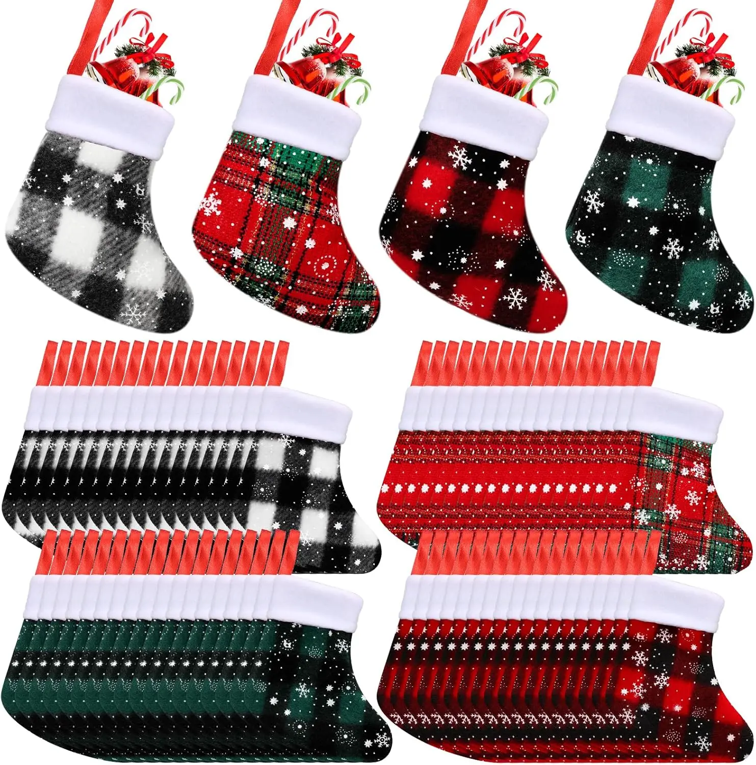 60 Pcs Mini Christmas Stockings Buffalo Plaid Snowflake with Plush Cuff for Tree Hanging Decor
60 Pcs Mini Christmas Stockings Buffalo Plaid Snowflake with Plush Cuff for Tree Hanging Decor