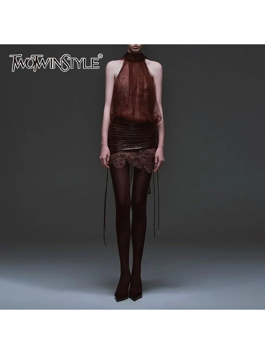 TWOTWINSTYLE Sexy Mesh Two Piece Sets for Women Halter Sleeveless Vest High Waist Leather Lace Skirt Slimming Set Female Fashion
TWOTWINSTYLE Sexy Mesh Two Piece Sets for Women Halter Sleeveless Vest High Waist Leather Lace Skirt Slimming Set Female Fashion