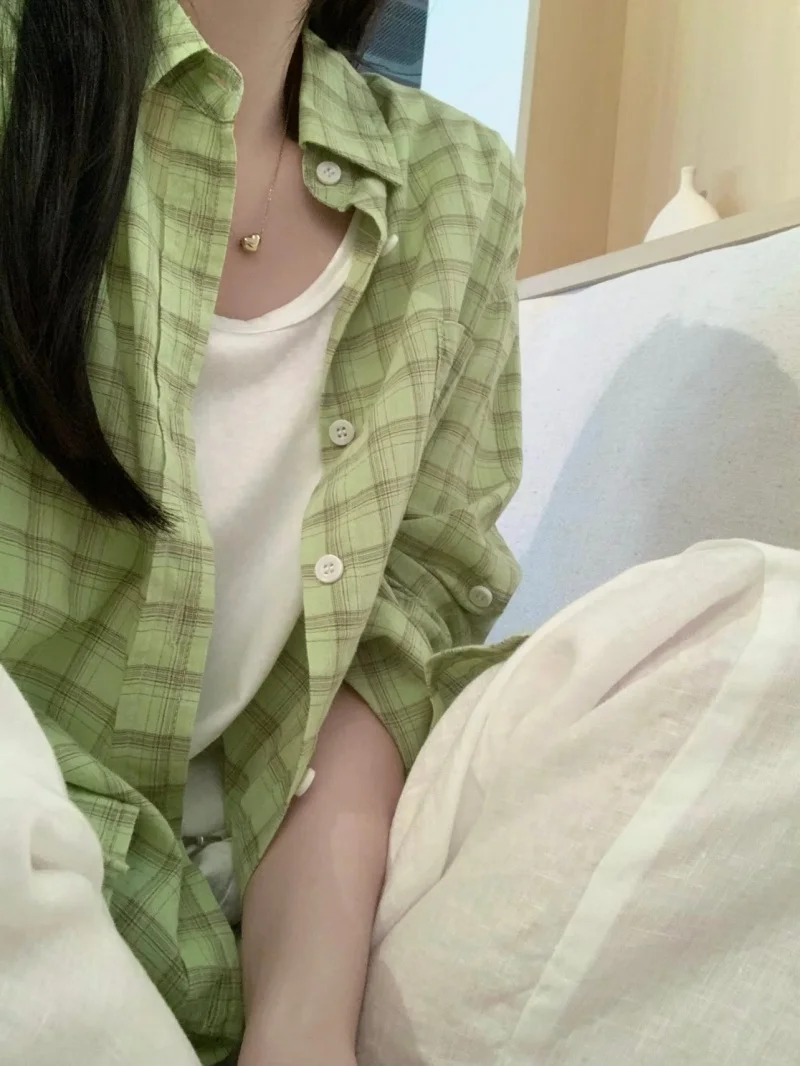 White Cotton Long Sleeve Shirt Korean Style Lazy Loose Casual Lightweight Green Plaid Sun Protection Women's Shirt
White Cotton Long Sleeve Shirt Korean Style Lazy Loose Casual Lightweight Green Plaid Sun Protection Women's Shirt