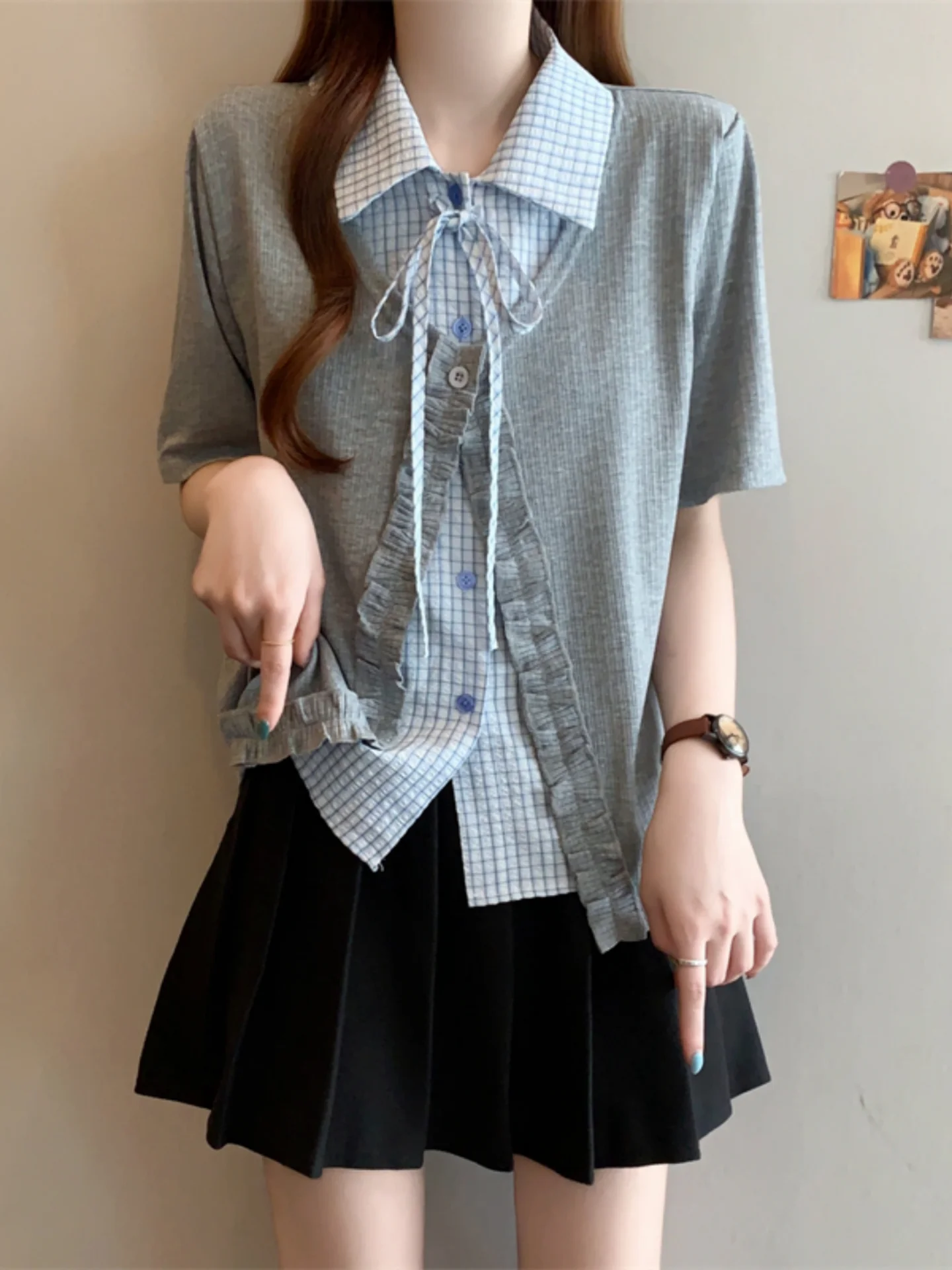 Slimming Plaid Patchwork Short Sleeve Shirt Women's Summer Base Layer Top Large Size Korean Style Commute Wind Button Design
Slimming Plaid Patchwork Short Sleeve Shirt Women's Summer Base Layer Top Large Size Korean Style Commute Wind Button Design
