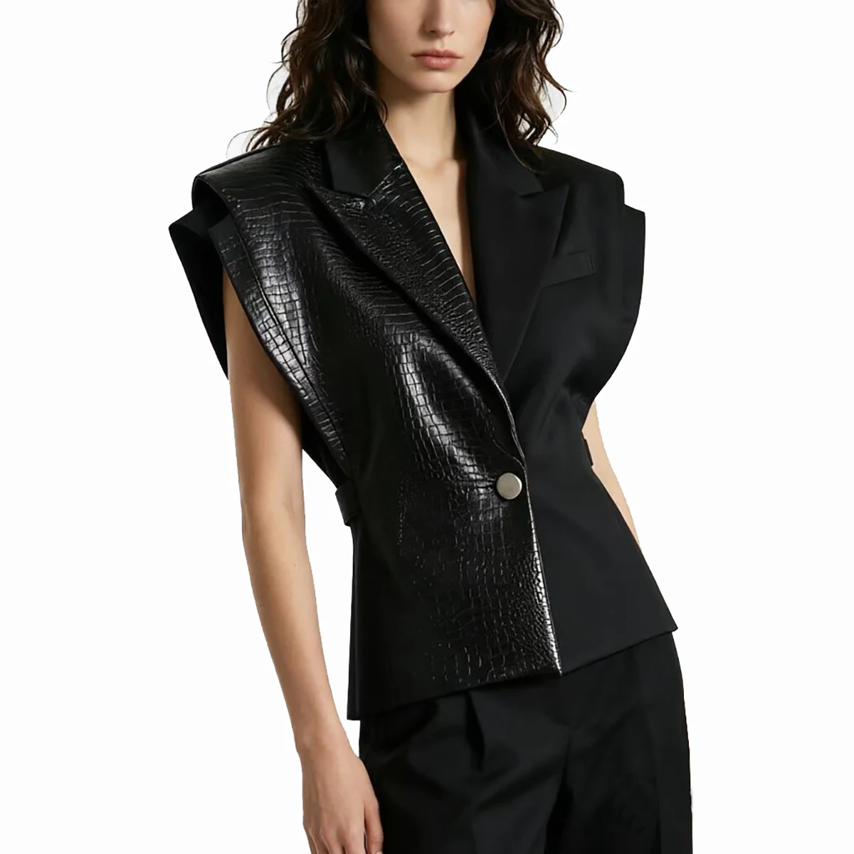 Women Splicing Suit Vest Sleeveless Autumn V Neck Faux Leather Spliced Waist Cinching Slim Fit Female Patchwork Belted jacket
Women Splicing Suit Vest Sleeveless Autumn V Neck Faux Leather Spliced Waist Cinching Slim Fit Female Patchwork Belted jacket