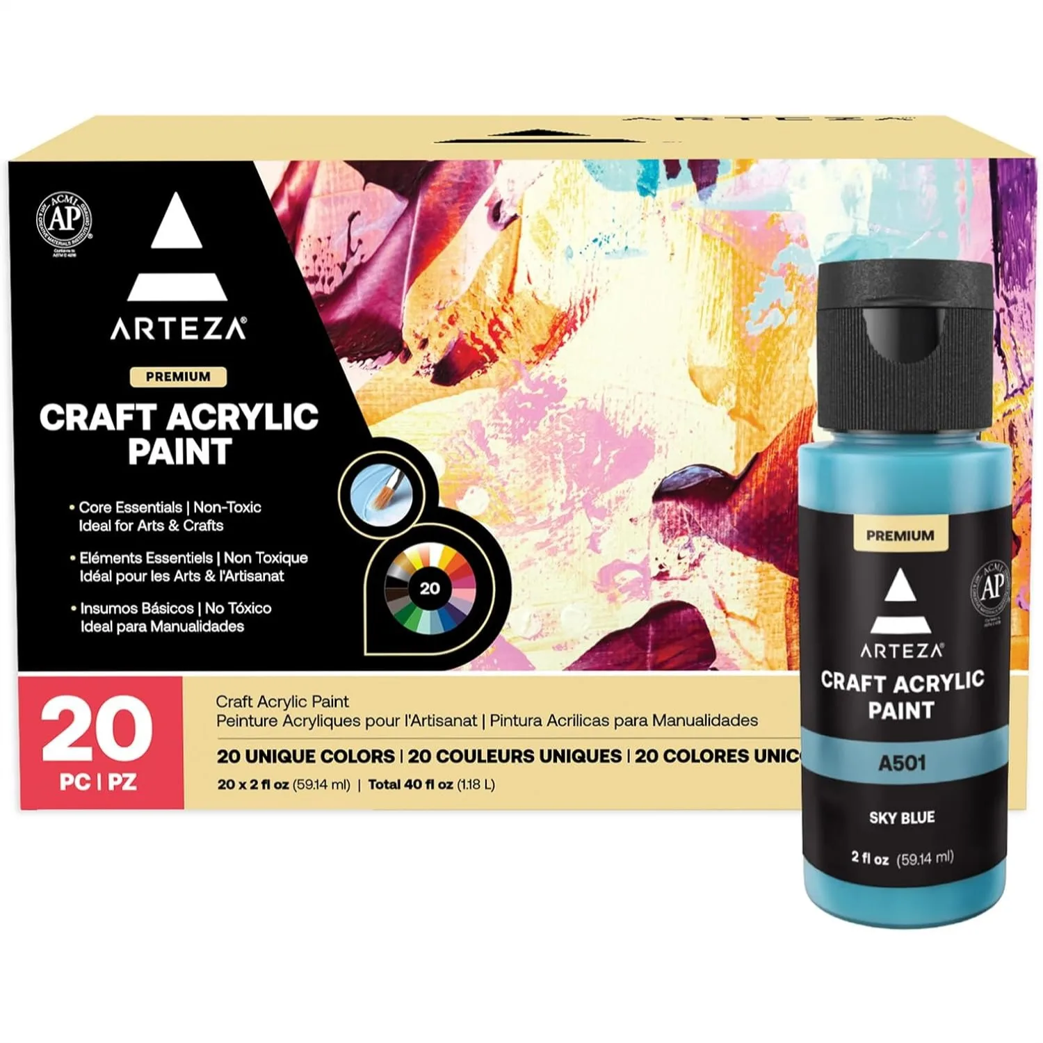 Acrylic Paint Set 20 Colors 2oz Each for Canvas, Wood, Glass, Ceramic, Fabric, Paper Crafts with Matte Finish
Acrylic Paint Set 20 Colors 2oz Each for Canvas, Wood, Glass, Ceramic, Fabric, Paper Crafts with Matte Finish