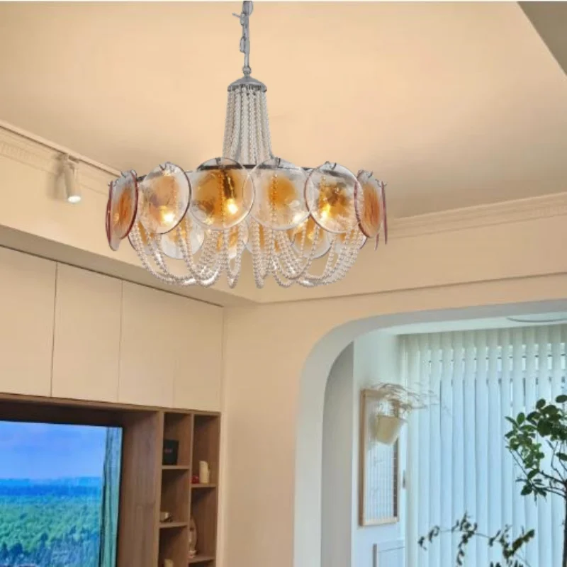 Pink Glass Disc Chandelier Lamp with Pearl Beads, Modern Pendant Light for Living Room/Bedroom Decor
Pink Glass Disc Chandelier Lamp with Pearl Beads, Modern Pendant Light for Living Room/Bedroom Decor