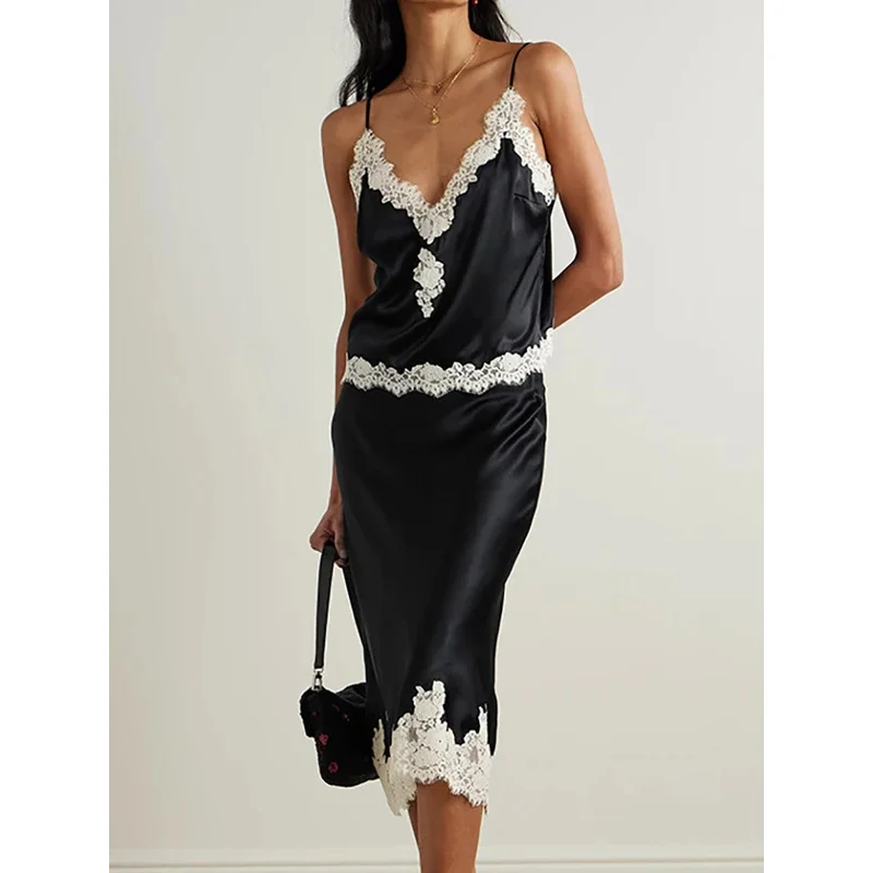 Lace Patchwork Satin Skirt Set Women Sexy Sleeveless V Neck Backless Sling Top and Midi Skirt 2 Piece Lady Elegant Party Outfits
Lace Patchwork Satin Skirt Set Women Sexy Sleeveless V Neck Backless Sling Top and Midi Skirt 2 Piece Lady Elegant Party Outfits