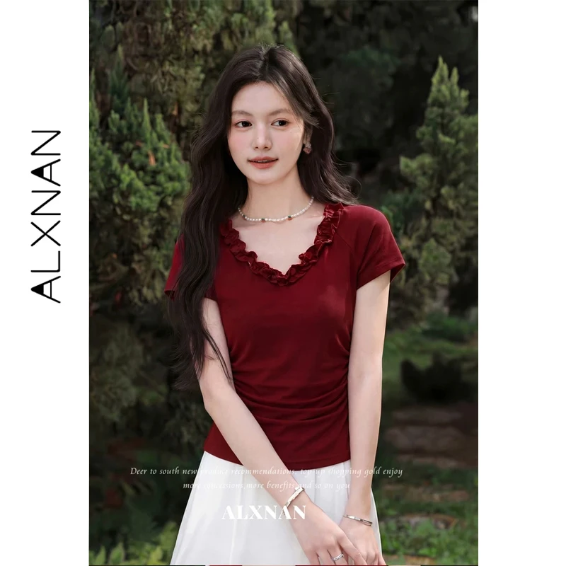 ALXNAN Women's T-shirt Vintage Red V-neck Short Sleeve Top Summer Elegant Casual Ladies Waist Ruched Fitted T-shirts L63965A
ALXNAN Women's T-shirt Vintage Red V-neck Short Sleeve Top Summer Elegant Casual Ladies Waist Ruched Fitted T-shirts L63965A