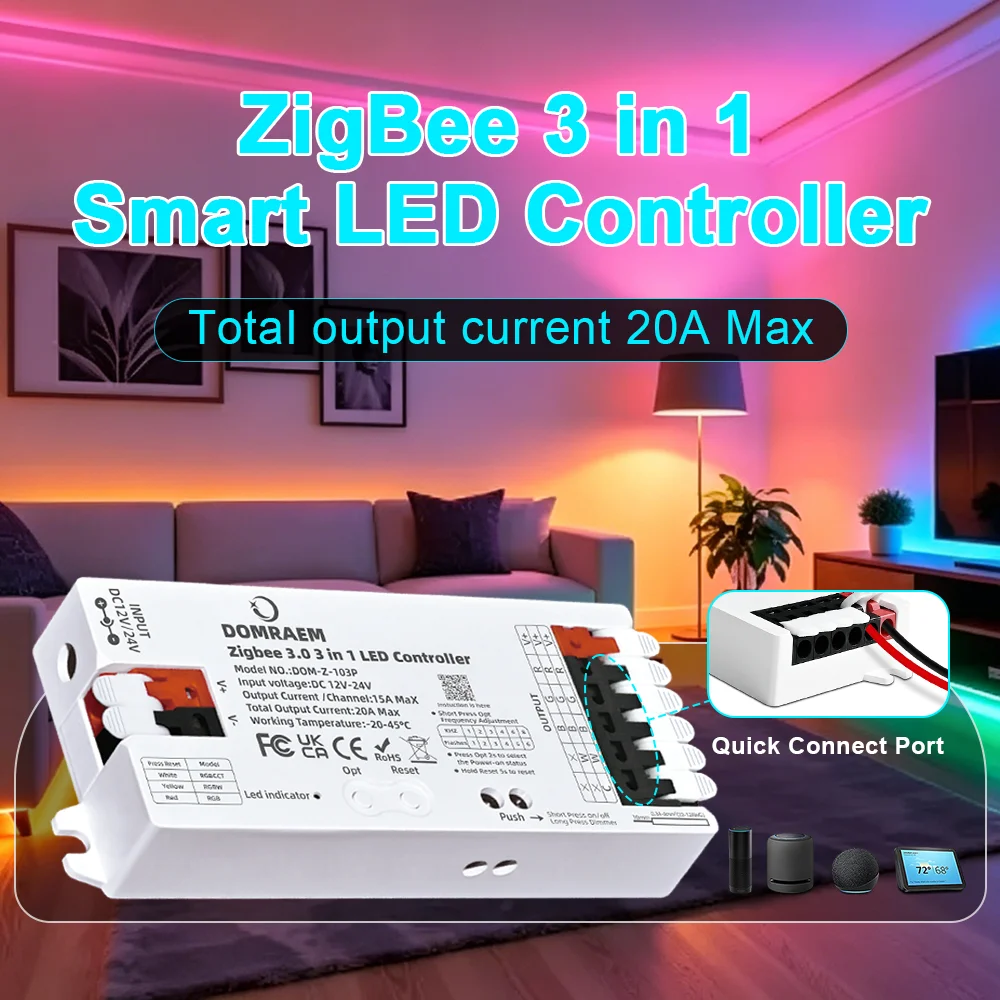 DOMRAEM Zigbee 3 in 1 LED Controller 20A RGBCCT RGBW RGB Smart Voice Dimmer Compatible with Alexa Tuya SmartLife H*ue SmartThing
DOMRAEM Zigbee 3 in 1 LED Controller 20A RGBCCT RGBW RGB Smart Voice Dimmer Compatible with Alexa Tuya SmartLife H*ue SmartThing