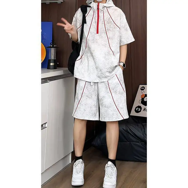 Summer Casual Sportswear Half Zipper Hoodie Short Sleeve Set Men Women Dyeing Pattern Fashionable Shorts Two Piece Set
Summer Casual Sportswear Half Zipper Hoodie Short Sleeve Set Men Women Dyeing Pattern Fashionable Shorts Two Piece Set