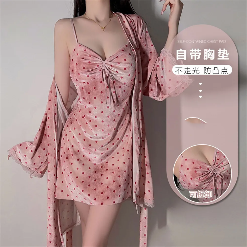 Autumn Winter Polka Dot Print Velvet Twinset Robe Set Female Kimono Bathrobe Sexy Backless Nightgown Velour Homewear
Autumn Winter Polka Dot Print Velvet Twinset Robe Set Female Kimono Bathrobe Sexy Backless Nightgown Velour Homewear