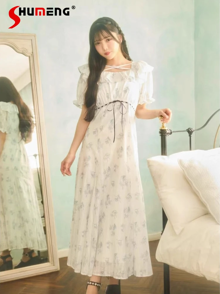 Japanese Style Sweet Elegant Printed Long Dress Girl Woman High Waist Thin Ruffle Edge Bubble Sleeve Fashion Dresses Summer
Japanese Style Sweet Elegant Printed Long Dress Girl Woman High Waist Thin Ruffle Edge Bubble Sleeve Fashion Dresses Summer