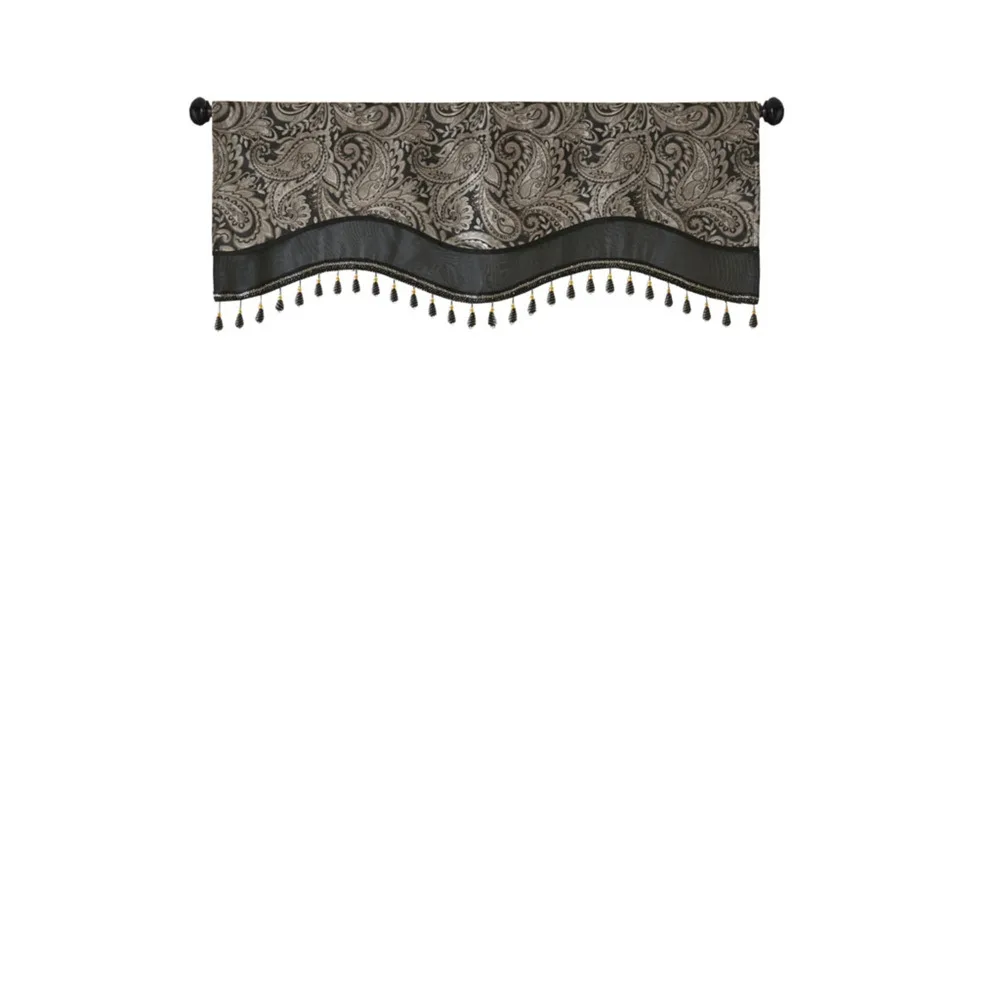 Jacquard Window Rod Pocket Valance With Beads Black 50x18" drapes in living room
Jacquard Window Rod Pocket Valance With Beads Black 50x18" drapes in living room