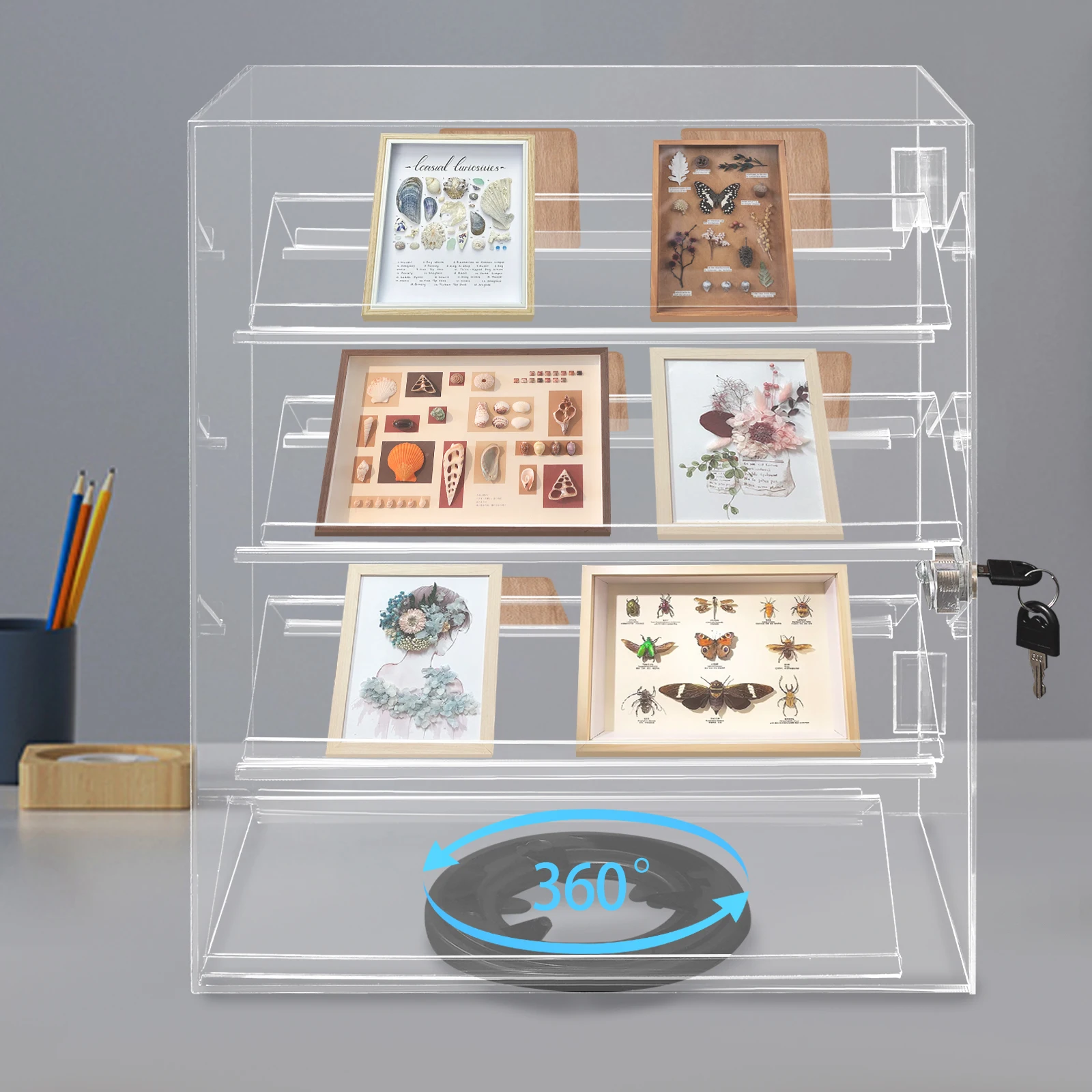 360° Rotating Clear Acrylic Display Case With 4 V‑Shaped Tiers & Lockable Door, 15kg Load Capacity For Desktop Organization
360° Rotating Clear Acrylic Display Case With 4 V‑Shaped Tiers & Lockable Door, 15kg Load Capacity For Desktop Organization