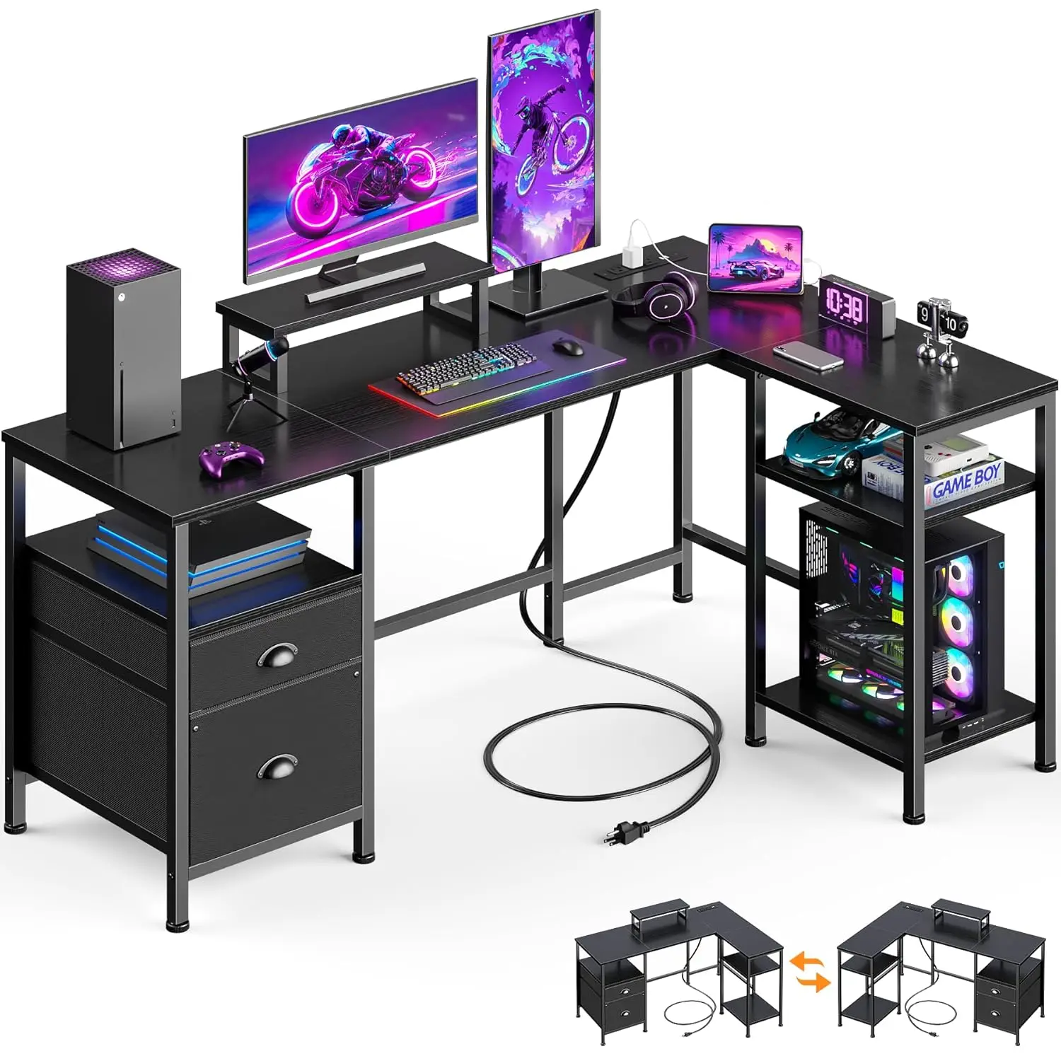 L Shaped Gaming Desk with Power Outlet, Corner Computer Desk for Home Office, Reversible 50 Inch Work Study Table, Customized
L Shaped Gaming Desk with Power Outlet, Corner Computer Desk for Home Office, Reversible 50 Inch Work Study Table, Customized