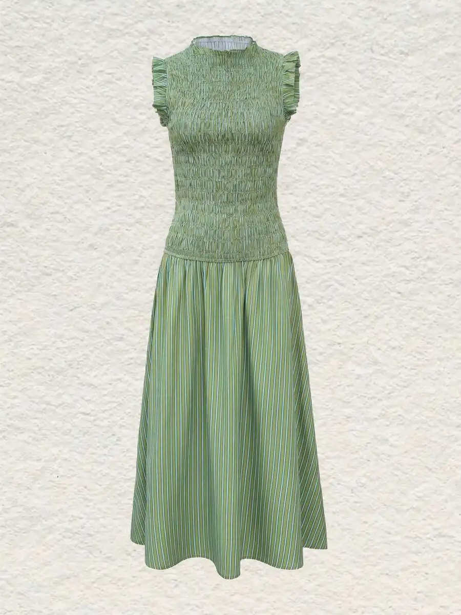 Green Striped Smocked Maxi Dress With Ruffle Sleeves For Spring Summer Casual Wear
Green Striped Smocked Maxi Dress With Ruffle Sleeves For Spring Summer Casual Wear