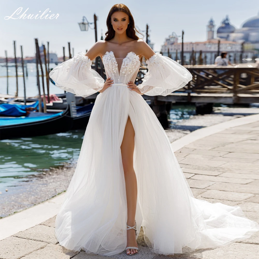 Lhuilier Customized Sexy A Line V Neck Tulle Wedding Dresses See Through High Slit Bridal Gowns with RemovableSleeves
Lhuilier Customized Sexy A Line V Neck Tulle Wedding Dresses See Through High Slit Bridal Gowns with RemovableSleeves