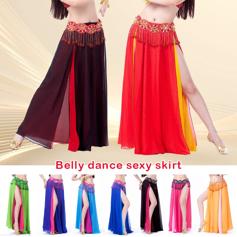 Women Sexy Belly Dance Skirt Tassel Double Slit Chiffon Dance Skirts Oriental Bellydance Stage Performance Show Carnival Costume 
Women Sexy Belly Dance Skirt Tassel Double Slit Chiffon Dance Skirts Oriental Bellydance Stage Performance Show Carnival Costume