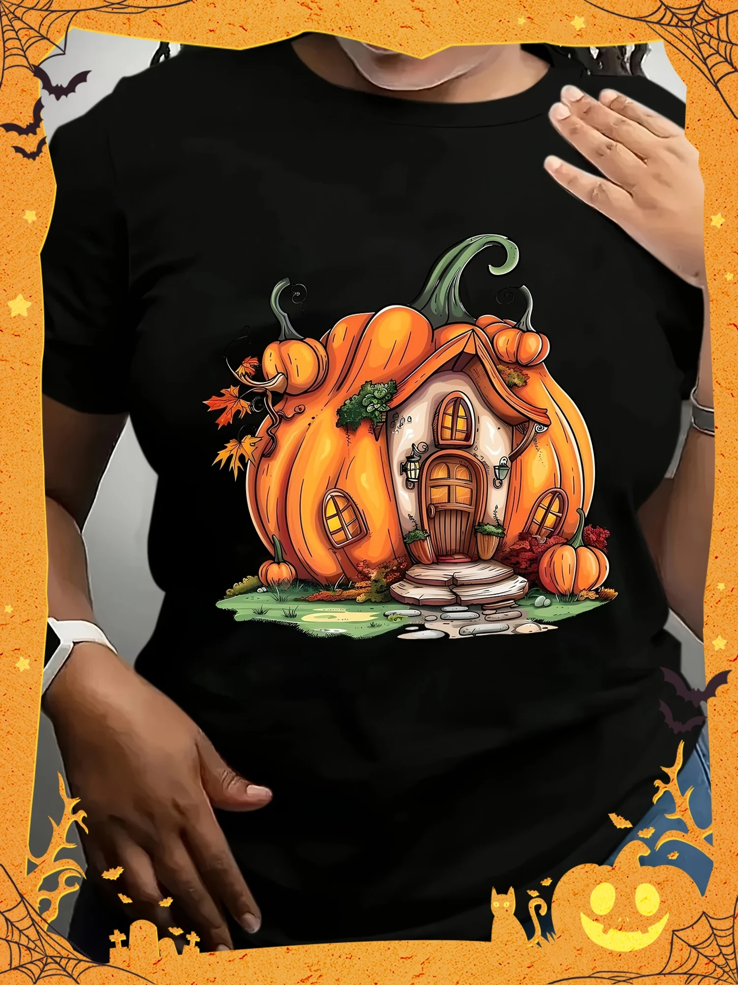 Women's Halloween Pumpkin T-Shirt - Spooky Jack-O'-Lantern & House Graphic Tee, Soft Crew Neck Short Sleeve Top for Halloween
Women's Halloween Pumpkin T-Shirt - Spooky Jack-O'-Lantern & House Graphic Tee, Soft Crew Neck Short Sleeve Top for Halloween