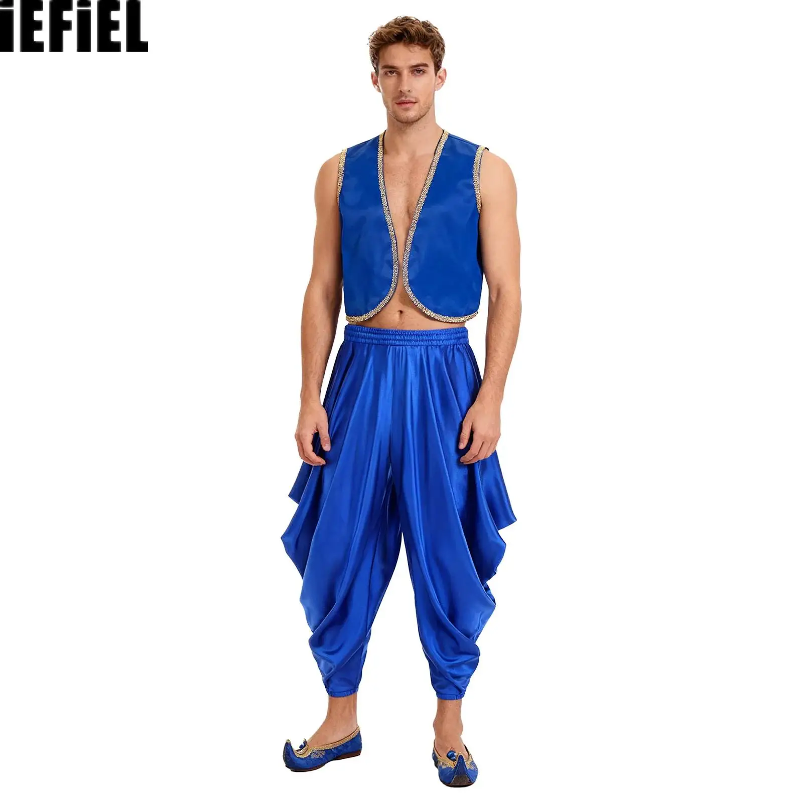Mens Arab Prince Cosplay Vest Gold Trim Sleeveless Open Front Vest And Elastic Waistband Harem Pants for Halloween Raves Party
Mens Arab Prince Cosplay Vest Gold Trim Sleeveless Open Front Vest And Elastic Waistband Harem Pants for Halloween Raves Party