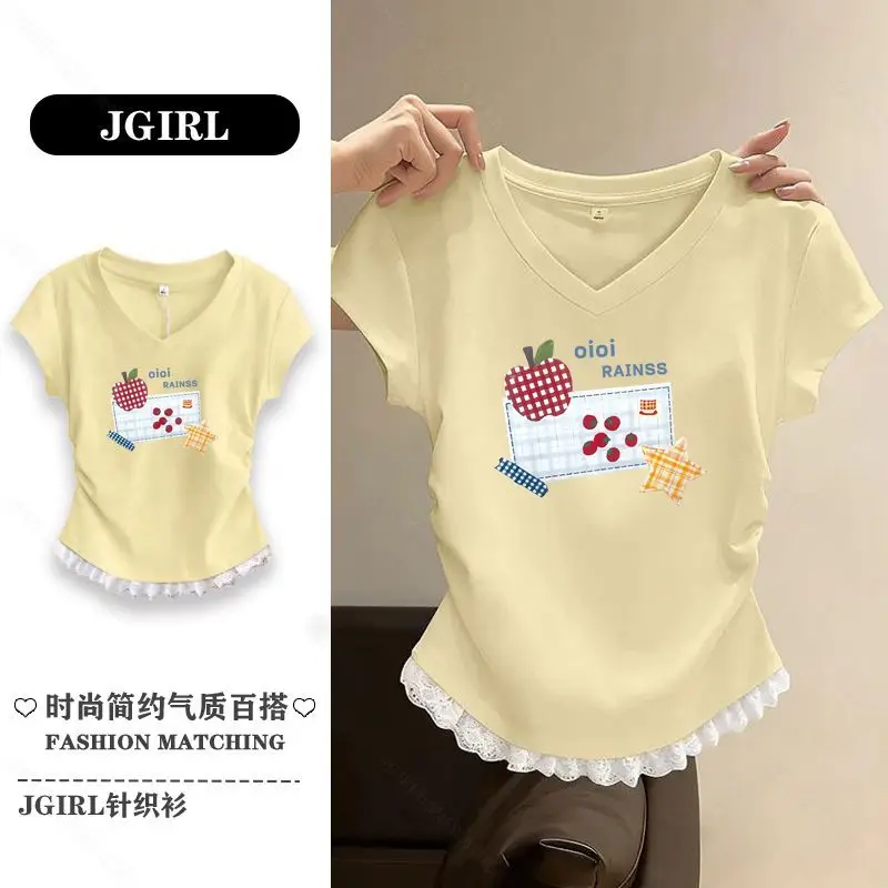 Cream Yellow V Neck Short Sleeve T-shirt for Women Korean Style Lace Trim Hem Fitted Shoulder Unique Casual Summer Blouse
Cream Yellow V Neck Short Sleeve T-shirt for Women Korean Style Lace Trim Hem Fitted Shoulder Unique Casual Summer Blouse