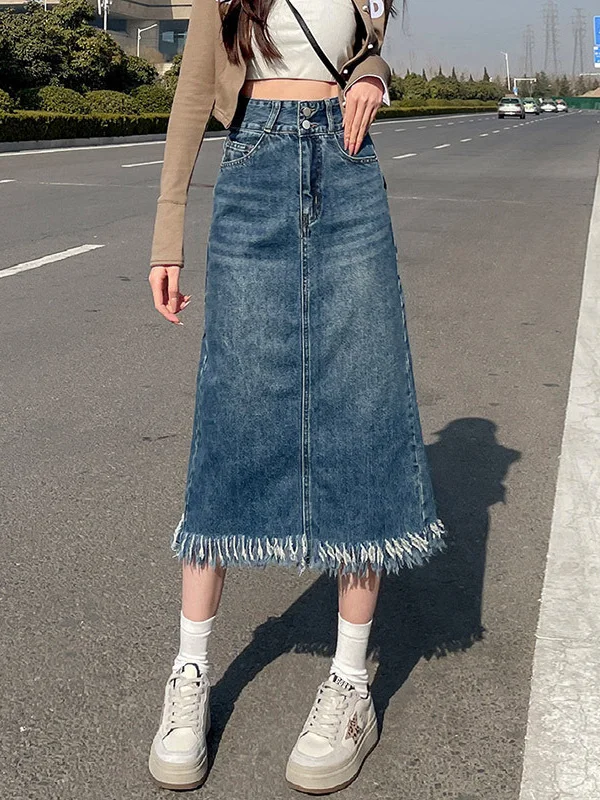 Blue Tassel Denim A-Line Midi Skirt Women's Spring Summer New Style Pear Shape plus Size Slit High Waist Cotton Jeans Skirt
Blue Tassel Denim A-Line Midi Skirt Women's Spring Summer New Style Pear Shape plus Size Slit High Waist Cotton Jeans Skirt