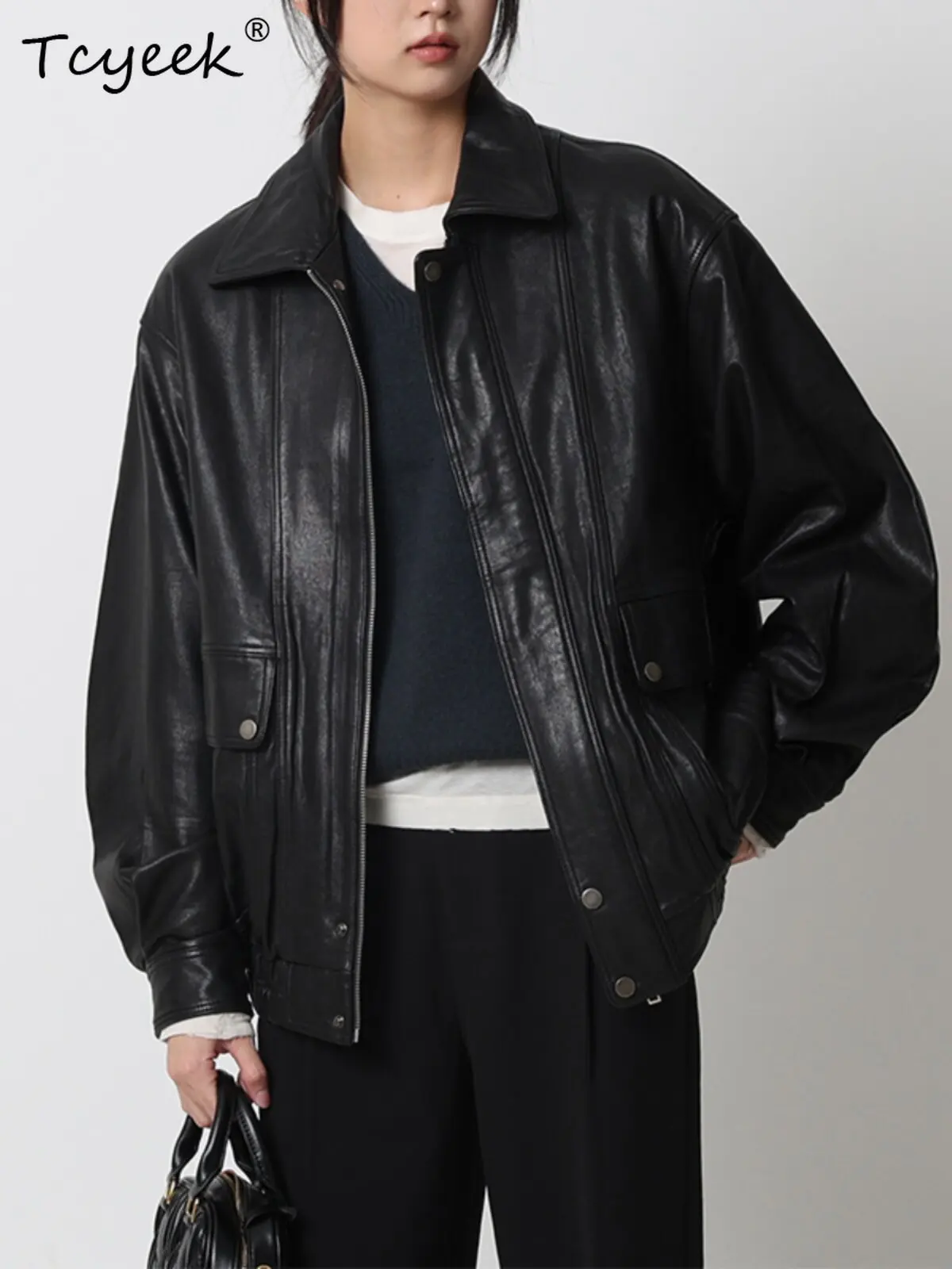 Tcyeek Real Leather Jacket Women Clothing Sheepskin Motocycle Coat Loose Fit Spring Autumn Womens Coats Fashion Косуха Женская
Tcyeek Real Leather Jacket Women Clothing Sheepskin Motocycle Coat Loose Fit Spring Autumn Womens Coats Fashion Косуха Женская