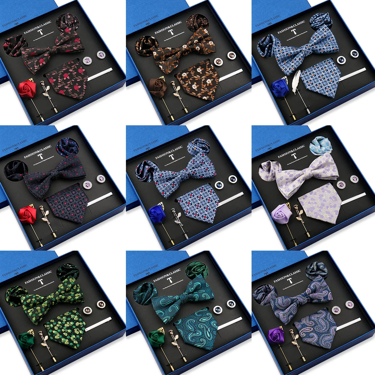 Elegant Luxury Men Business Tie Set 8 Pcs Bow Tie Pocket Square Cufflinks Brooch Tie Clip New Design Wedding Formal Party
Elegant Luxury Men Business Tie Set 8 Pcs Bow Tie Pocket Square Cufflinks Brooch Tie Clip New Design Wedding Formal Party