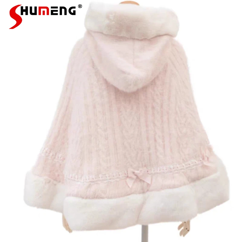 Japanese Lolita Versatile Sweet Ponchos Coat Fluffy Hooded Knitted Cape Pink Single-Breasted Bow Top Cardigan Cloak Y2k Jaquetas
Japanese Lolita Versatile Sweet Ponchos Coat Fluffy Hooded Knitted Cape Pink Single-Breasted Bow Top Cardigan Cloak Y2k Jaquetas