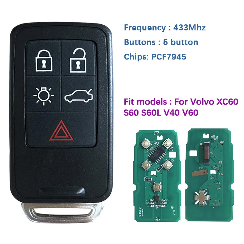 CN 050001 Послепродажный 5 кнопок дистанционного ключа автомобиля 433 МГц PCF7945 чип KR55WK49264 без ключа для Volvo XC60 S60 S60L V40 V60
CN 050001 Послепродажный 5 кнопок дистанционного ключа автомобиля 433 МГц PCF7945 чип KR55WK49264 без ключа для Volvo XC60 S60 S60L V40 V60